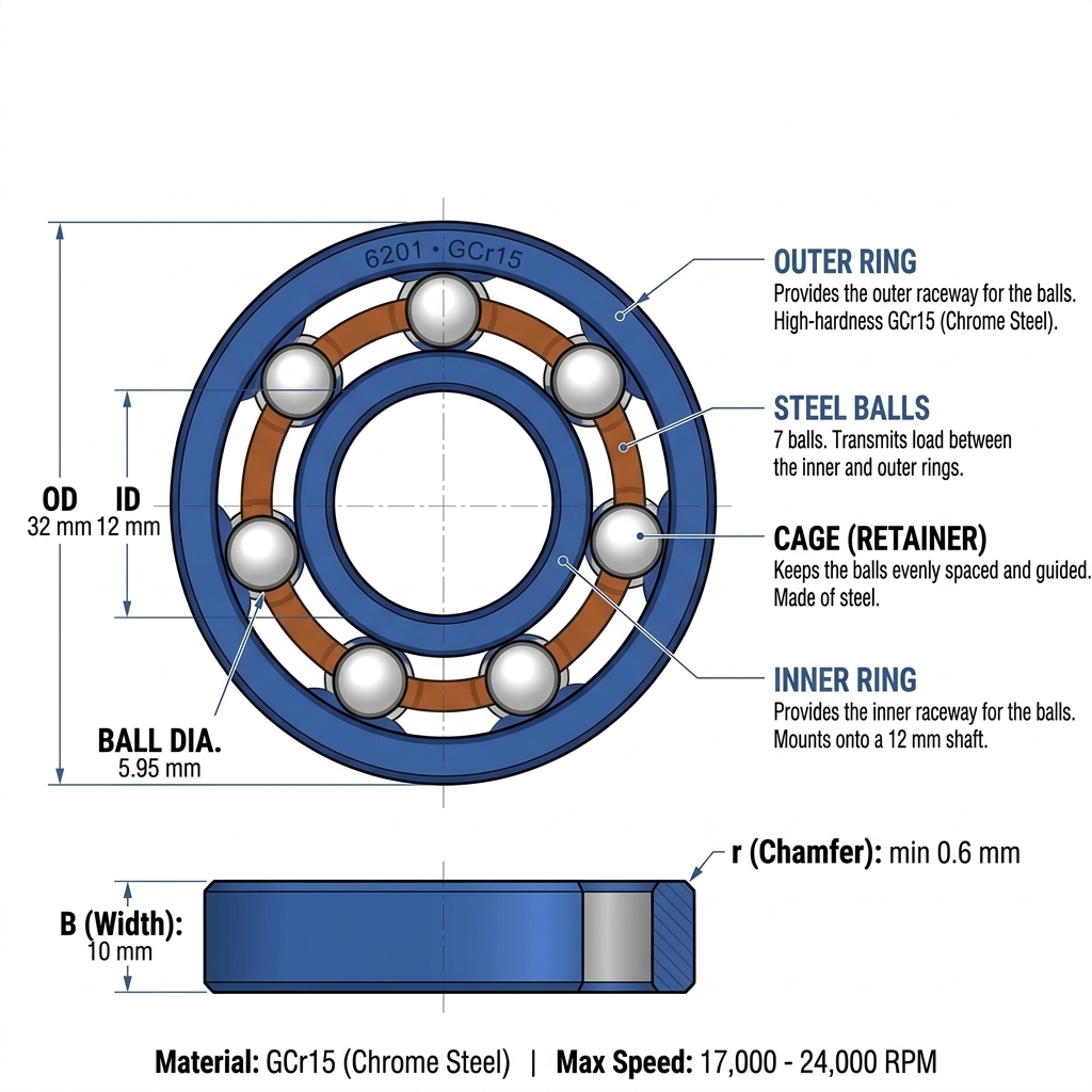 6201 deep groove ball bearing construction showing inner ring, outer ring, steel balls and cage