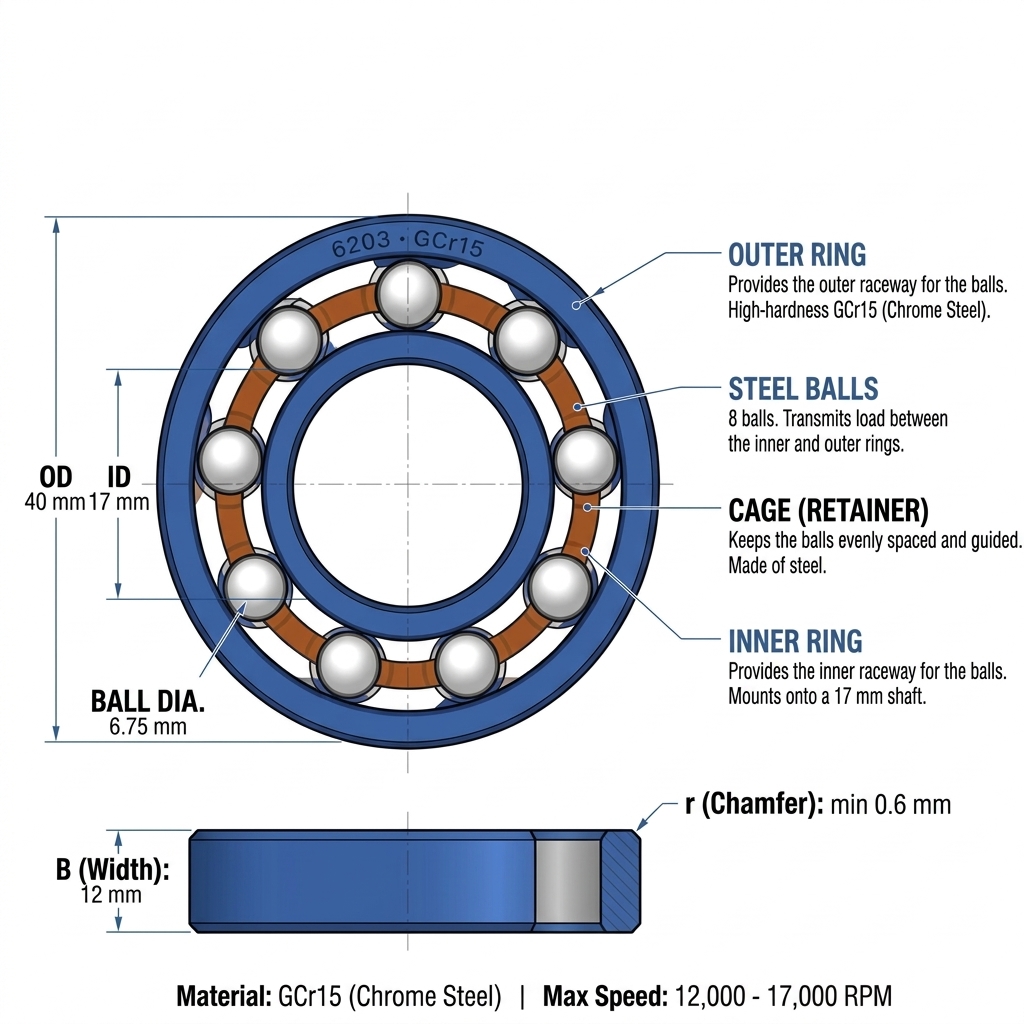 6203 deep groove ball bearing structure showing inner ring, outer ring, steel balls and cage