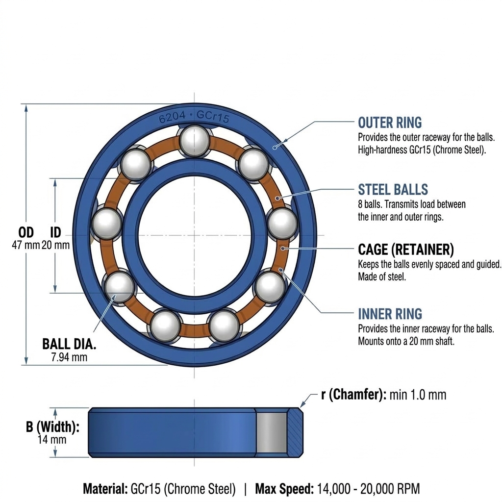 6204 bearing cutaway showing inner ring, outer ring, balls and cage