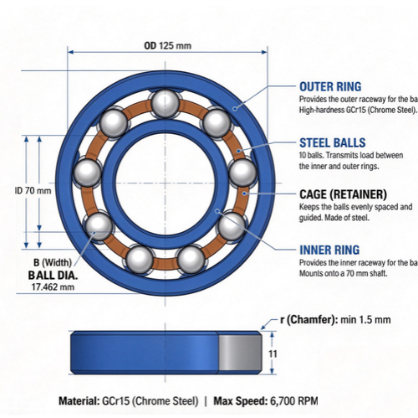 6214 deep groove ball bearing structure showing inner ring, outer ring, steel balls and cage